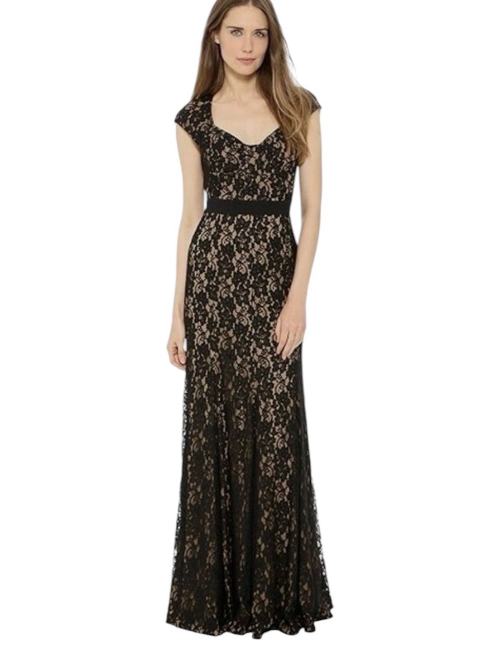 LN Diane Von Furstenberg Zarita Black & Nude Lace Maxi Dress Evening Gown - 0